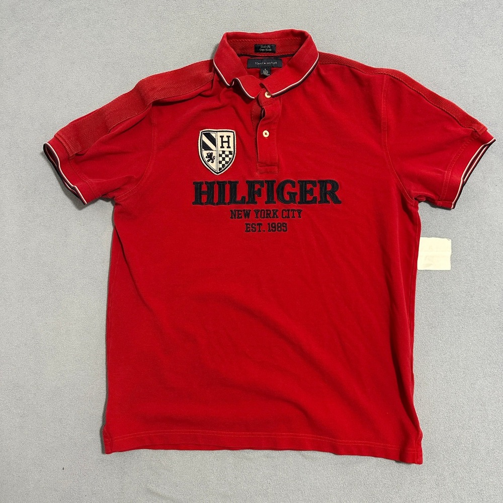 Tommy‎ Hilfiger Custom Fit Polo Shirt New York City Crest Logo Red Mens Size XL
